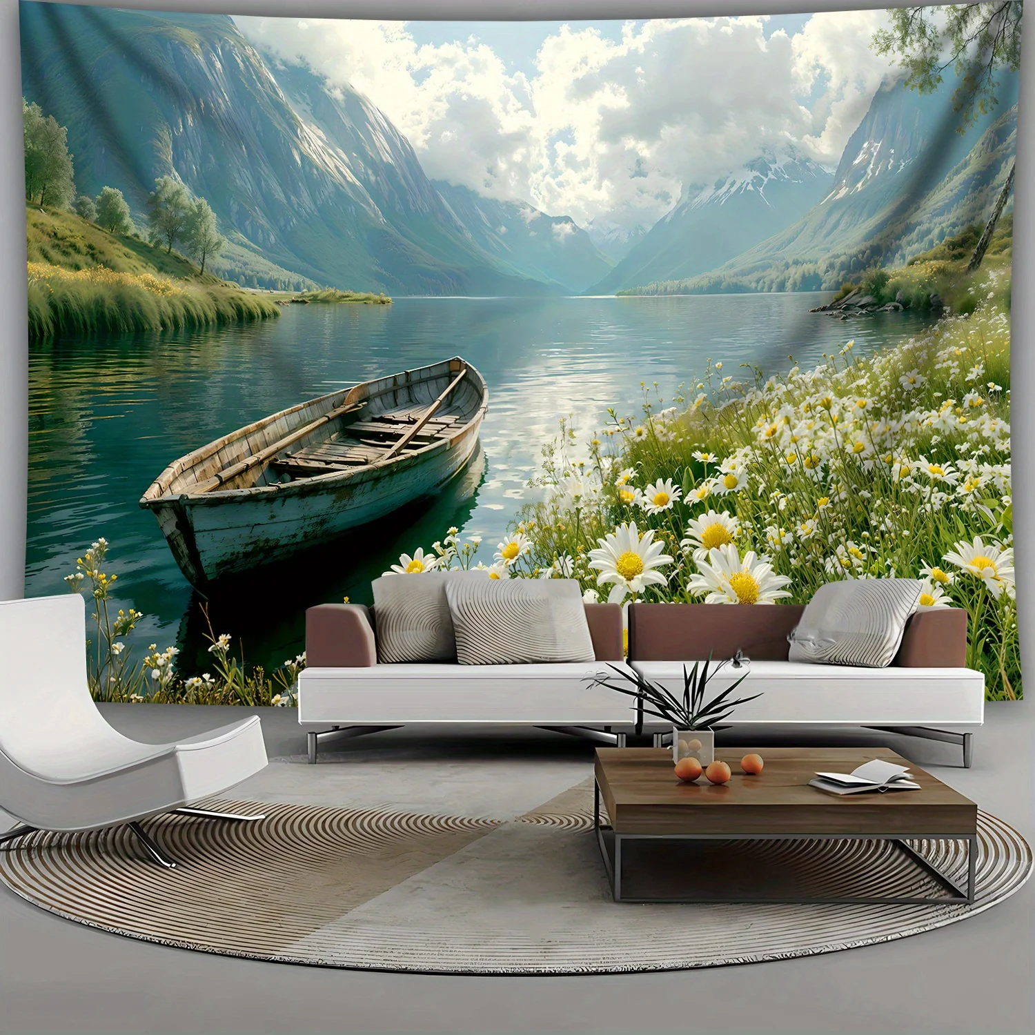 Serene Lake and Mountain Range with Daisy Aesthetic Tapestry - Polyester Print, Tranquil Nature Scene for Living Room, Bedroom,