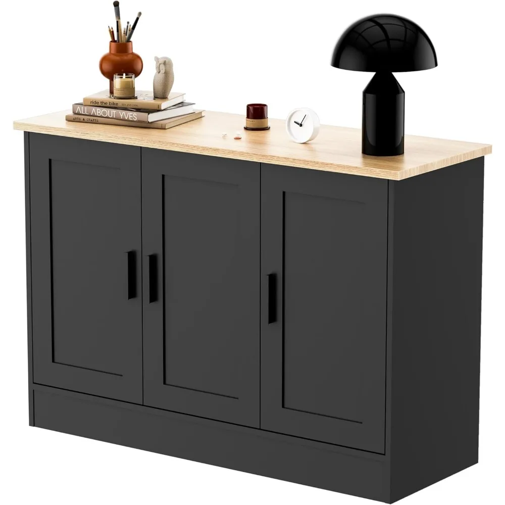 Mueble buffet negro de 3 puertas de 43,3 pulgadas de ancho, mueble para cafetería con estante ajustable, aparador buffet de cocina para sala de estar, cocina