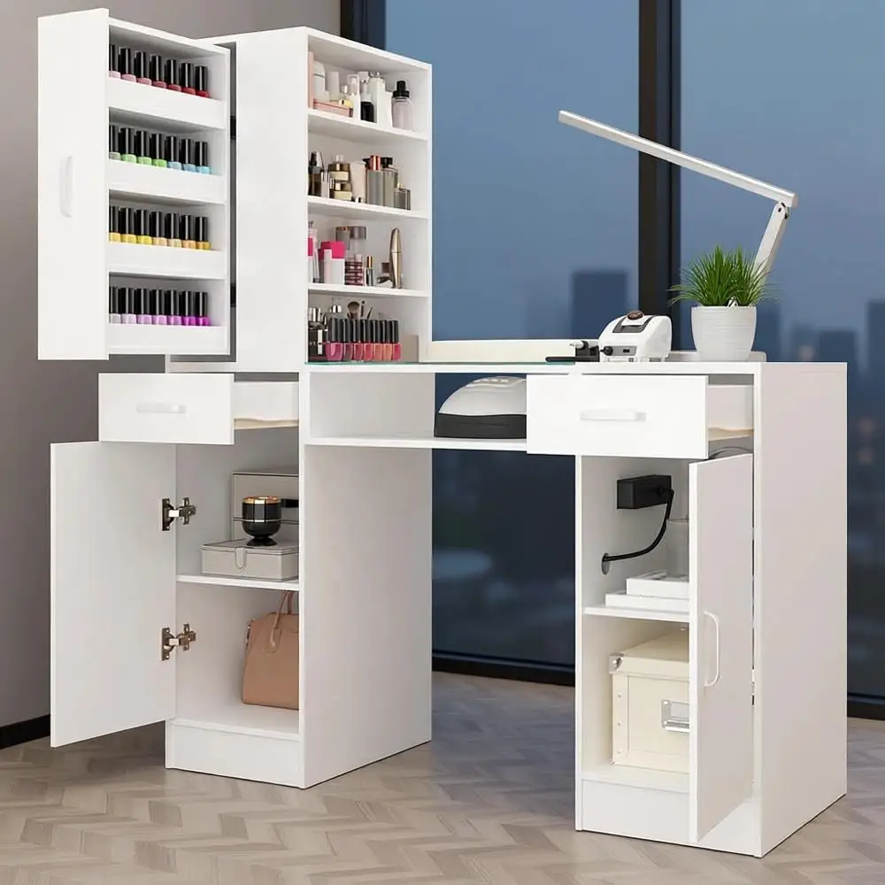 

Glass Top Manicure Desk with Storage, Power Outlets & Wrist Rest - White Beauty Workstation