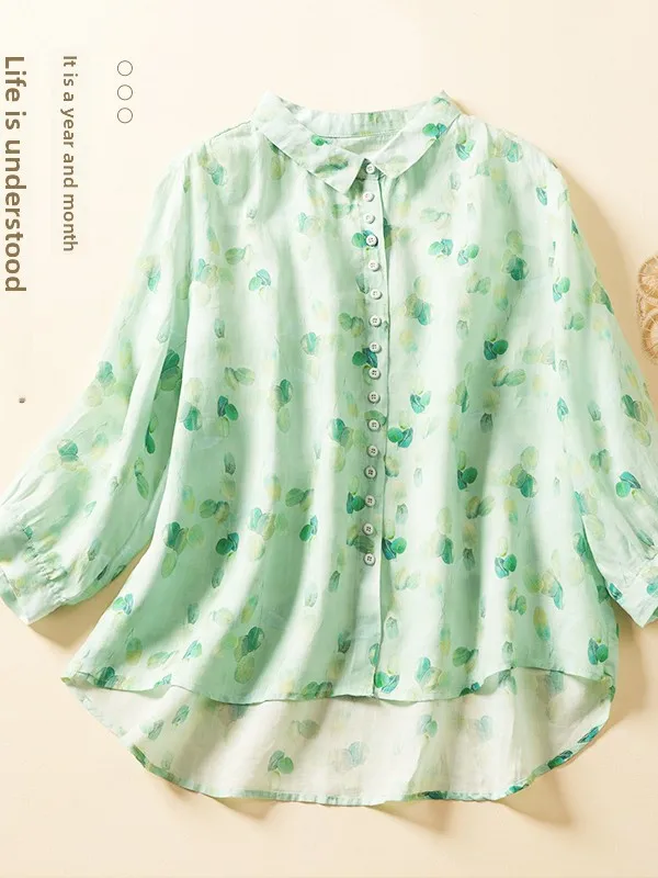 Retro Heavyweight Printed Slim Linen Shirt Elegant Turn-down Collar 7/8 Sleeve Lined Artistic Loose Top Women's Fashion