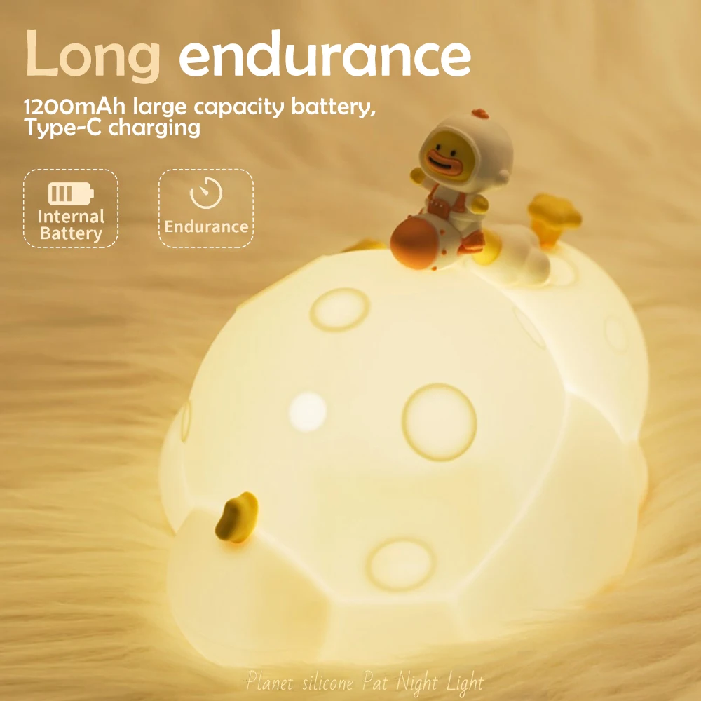 Cute Planet Duck Silicone Night Light LED USB Rechargeable Dimming Timing Sleeping Nightlights for Kids Room Desktop Decoration