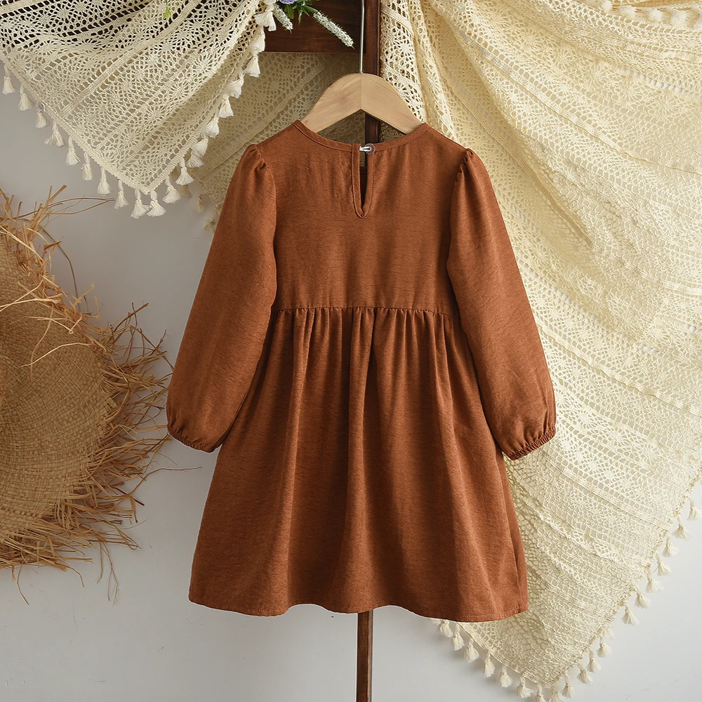 Autumn Promotion Casual Countryside Style Solid Color Bow Long Sleeved Princess Dress for Girls' Daily Wear