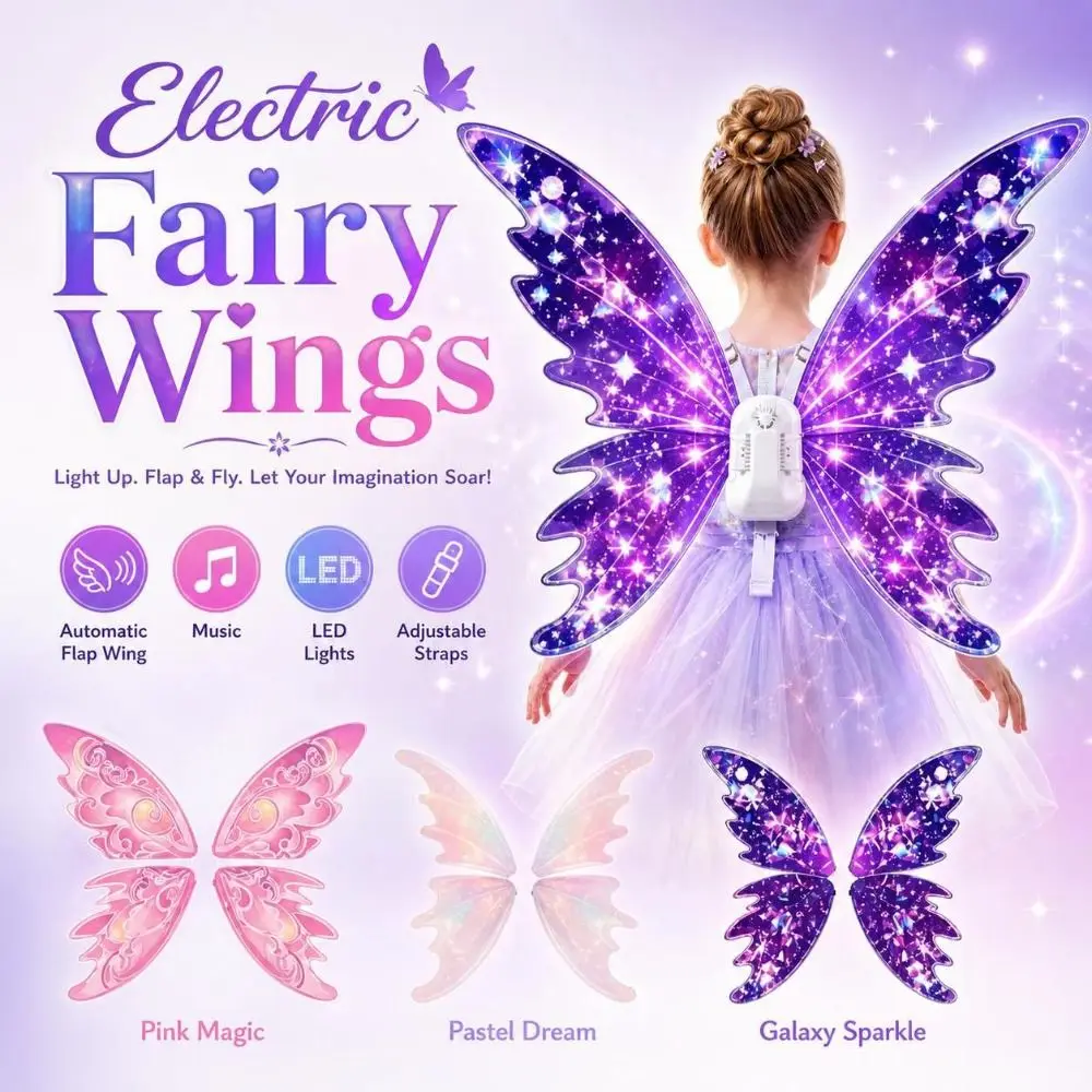 Light Up Electric Fairy Wings with Music Automatic Flap Fairy Glowing Wings Adjustable Straps Gift Moving Butterfly Wings