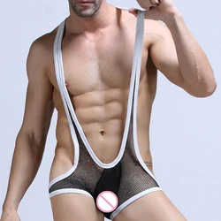 Exotic Men Undershirts Jockstrap Mesh Patchwork Penis Pouch Bodysuits Lingerie See Through Bodywear Gay Singlet Jumpsuit Leotard