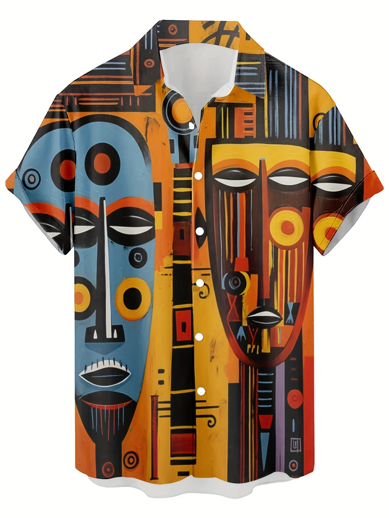 Men Short Sleeve Shirt African Tribal Mask Geometric Print Turn‑Down Collar Hawaiian Vacation Casual Tops
