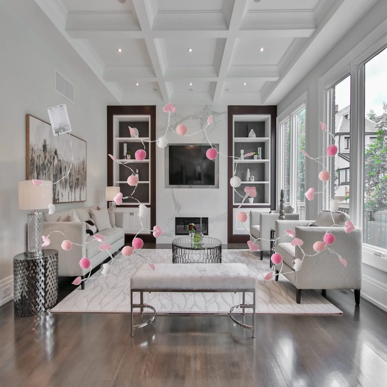 

Pink Heart Shaped Pompom String Lights Battery Powered Festival Fairy Garland for Valentines Party Table