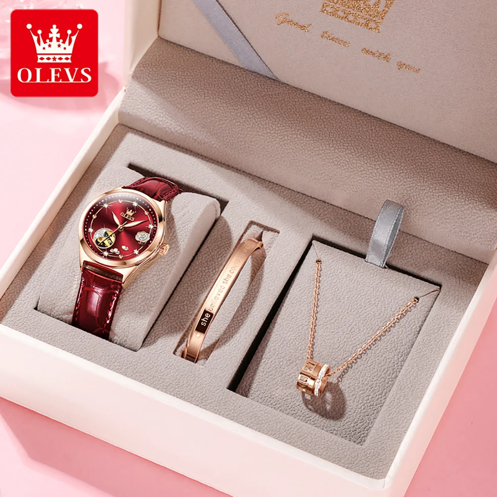 OLEVS Fashion Women Mechanical Watches Bracelets and Necklaces Set Leather Strap Luxury Hollow Ladies WristWatches Reloj Mujer