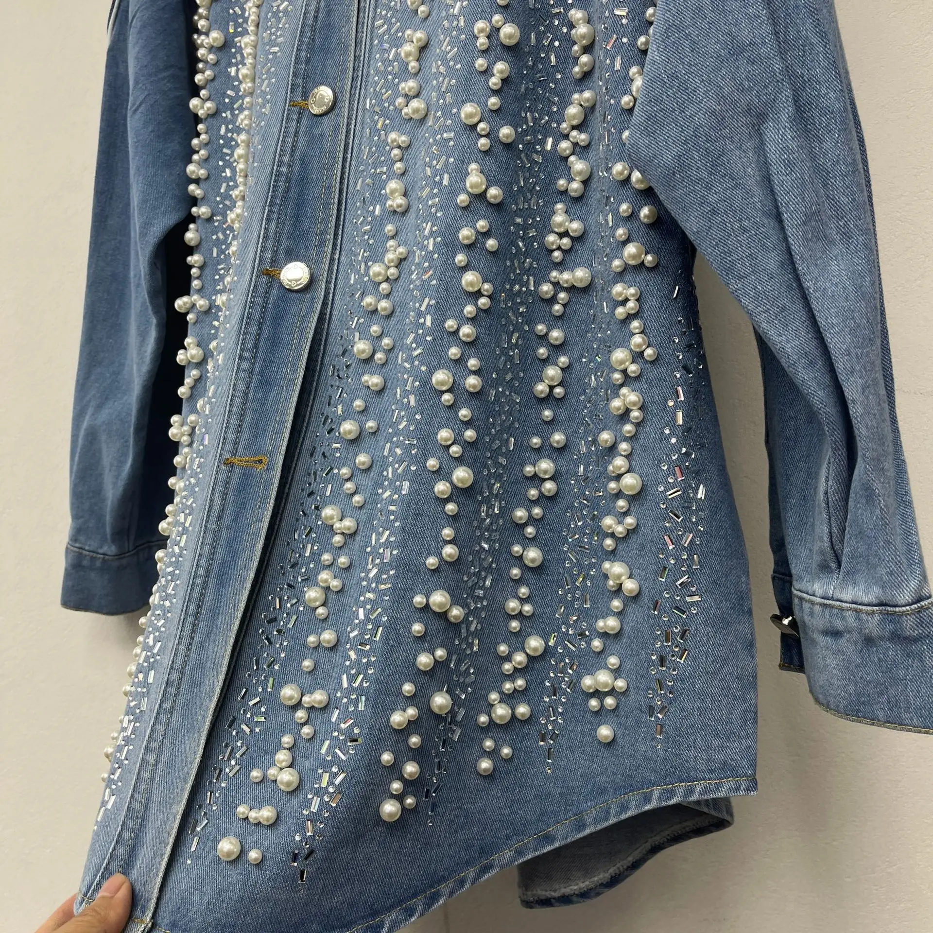 Oversize Blue Denim Jackets Blouse Shirt For Women Handmade Sewing beads pearls rivets Jacket Long sleeve casual Autumn Outwear