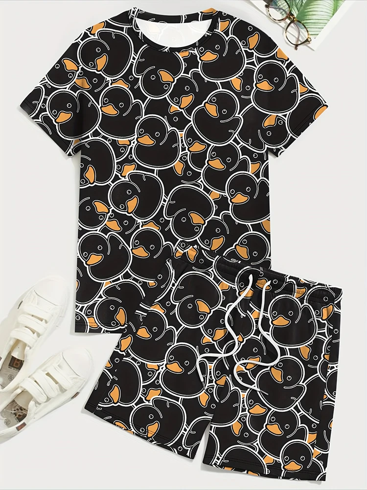 Męski strój codzienny Zestaw męski T-shirt i szorty plażowe z nadrukiem żółtej kaczki Letnie szorty sportowe z krótkim rękawem Moda uliczna