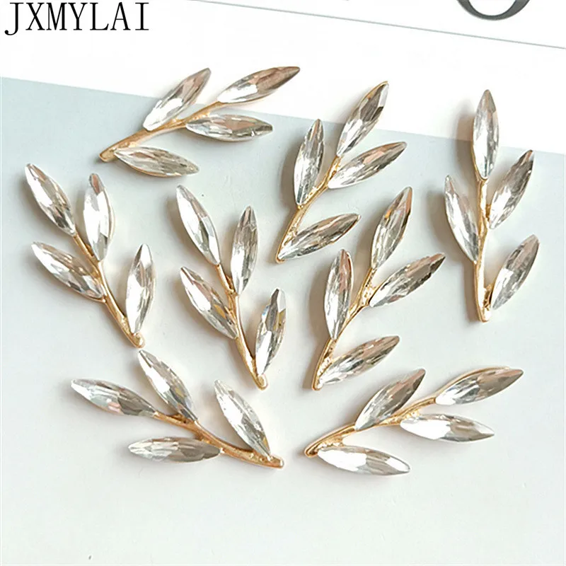 10 PCS 38x16mm Metal Alloy KC Gold Color Crystal Rhinestone Leaf Branch DIY Handmade Accessories For Jewelry Making