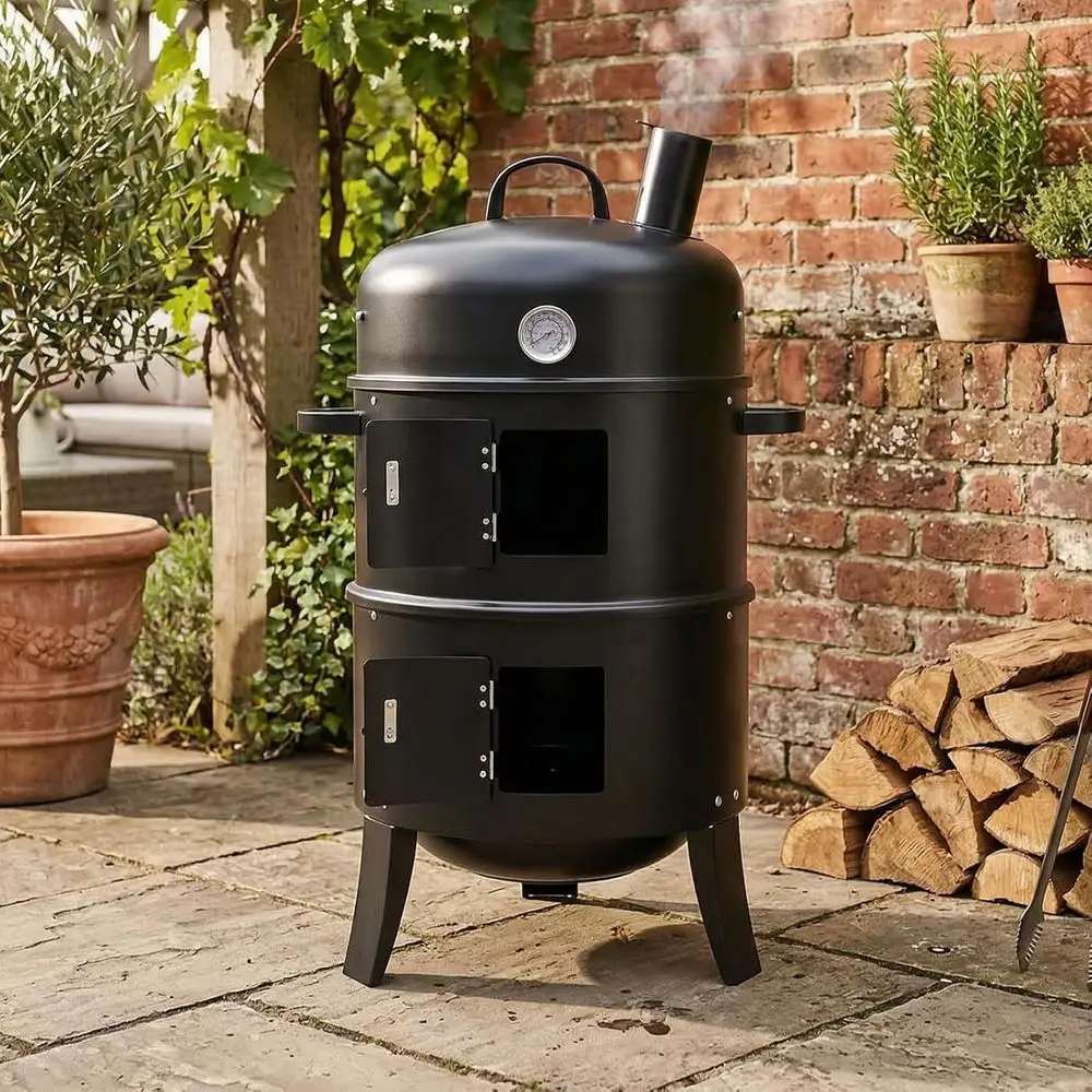 Dual-Layer Charcoal BBQ Smoker and Grill with Built-in Thermometer and Hooks, Outdoor Patio, Camping, Heavy Duty, Black