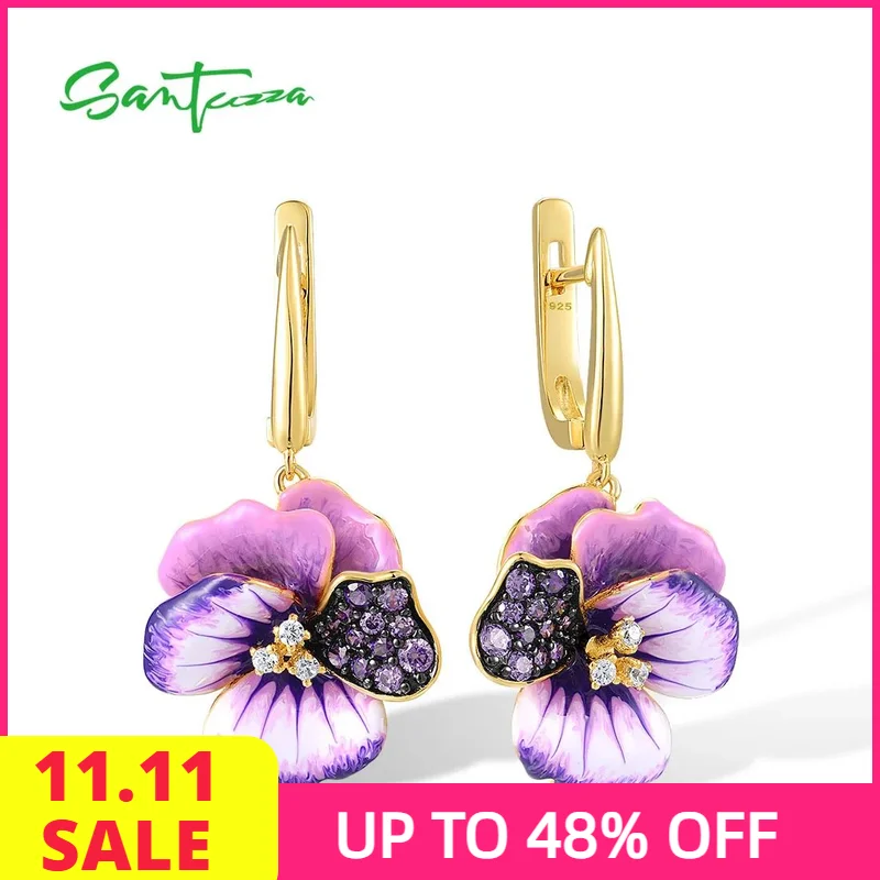

SANTUZZA Pure 925 Sterling Silver Earrings For Women Sparkling Pink And Purple Peony Enamel Flower Dangling Elegant Fine Jewelry