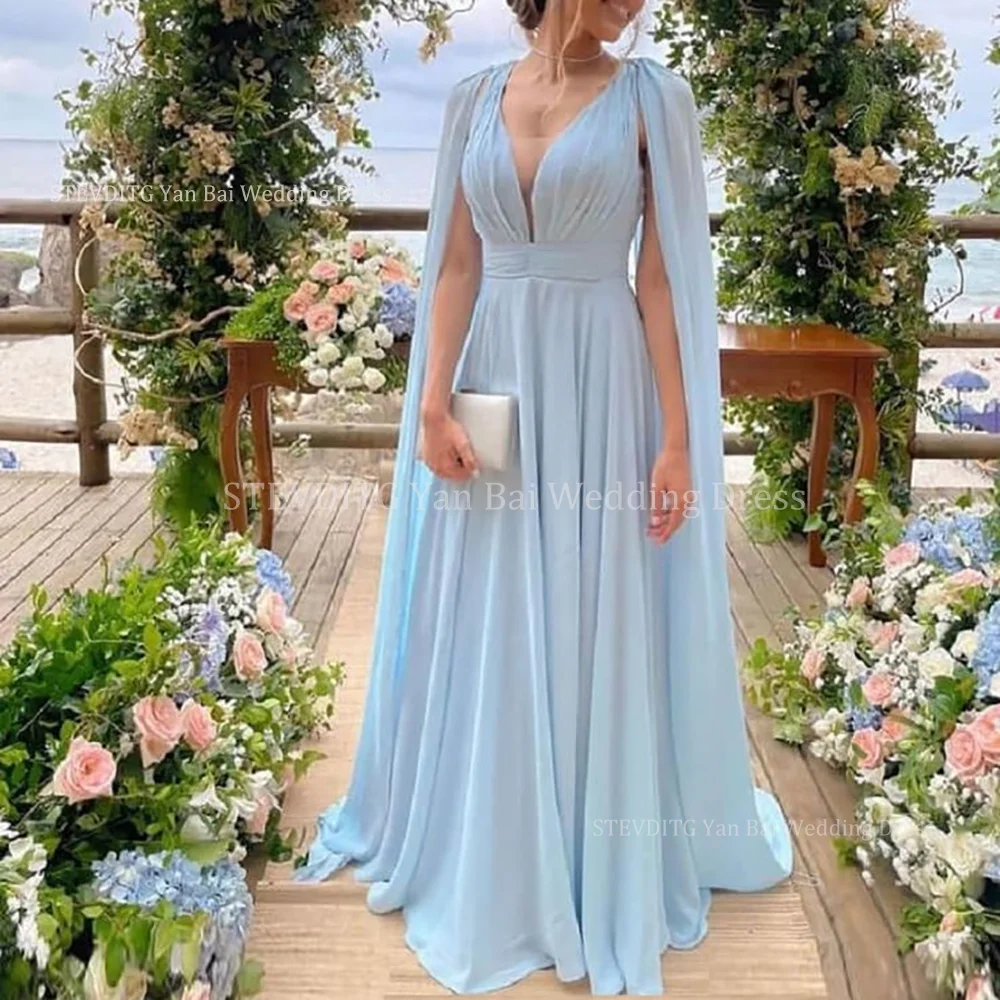 

Classy Blue Chiffon Evening Dresses For Women Chic V-Neck Floor Length A-LINE Gown Formal Dinner Family Party Female Dresses