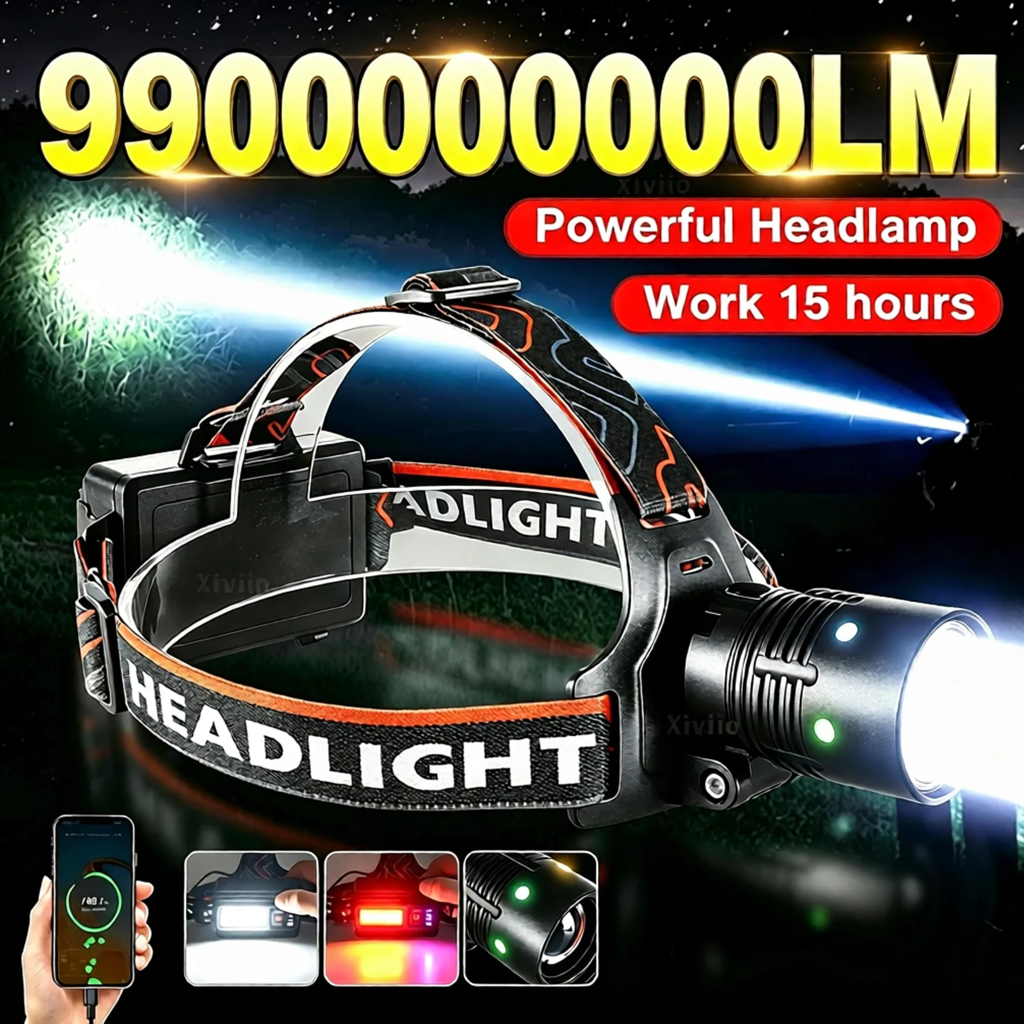 9900000000LM High Power LED Headlamp 3500M Long Shot Ultra Bright Headlight 3*18650 Rechargeable Camping Fishing Head Flashlight