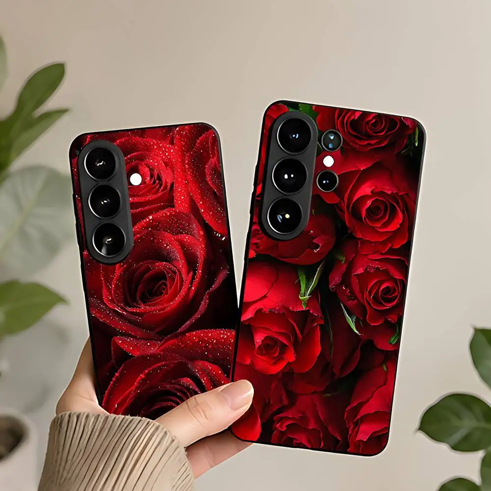 Coque de téléphone en Silicone avec fleurs de roses rouges vives, étui pour Samsung Galaxy S21 S22 S23 S24ULTRA S25ULTRA FE Ultra Plus5G A52S S26