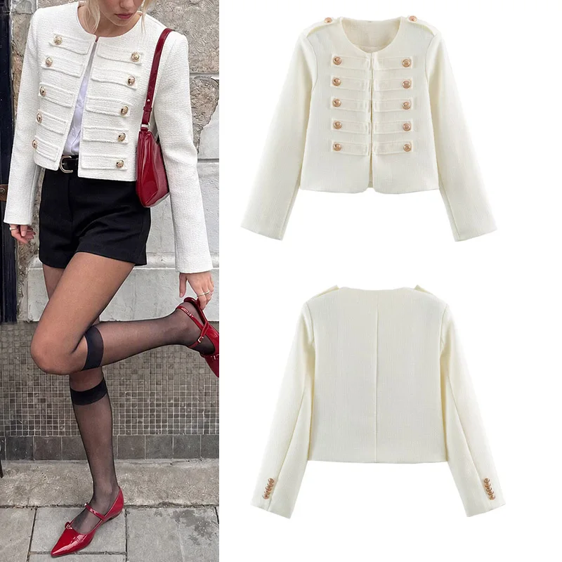 Women's O-neck Long Sleeve Short Jacket Casual Autumn Winter Outerwear Fashion Chic Covered Buttons Coat Female Elegant 2026 New