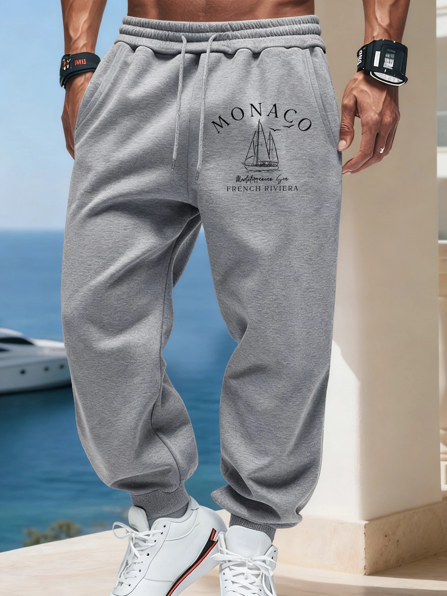

Monaco French Riviera Print Autumn Long Pants Man'S Fleece Warm Sweatpants Sports Drawstring Britches Joggers 11 Color Trousers