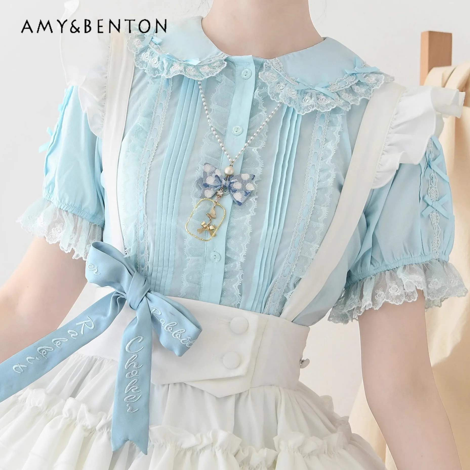 Lolita Sweet Doll Collar Lace Splicing Short-sleeved Shirt Original Design Cute Solid Color Versatile Thin Shirt Women Summer
