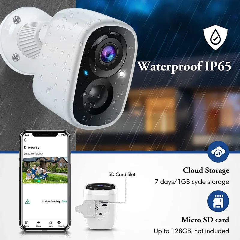 1080P WiFi Camera Outdoor Wireless Battery Powered Bullet Security Camera PIR Motion Alarm Cloud Storage Two Way Audio Cam