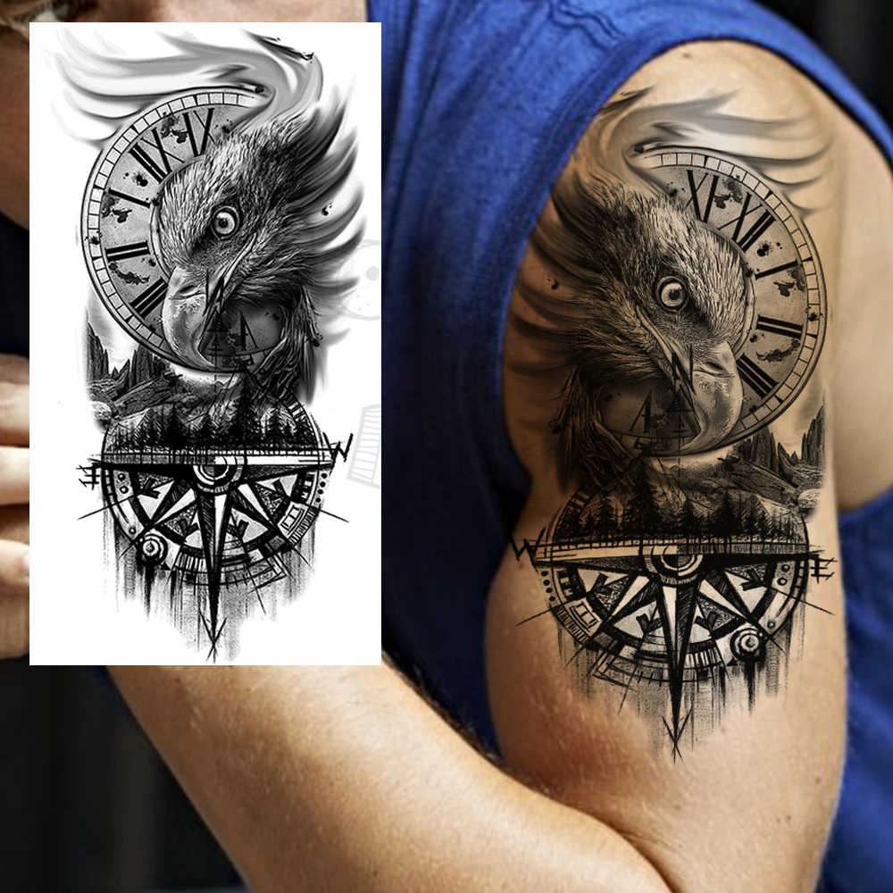 Black Samurai Animal Temporary Tattoos For Men Adults Realistic Fake Robotic Arm Eagle Lion Tattoo Sticker Waterproof Arm Tatoo