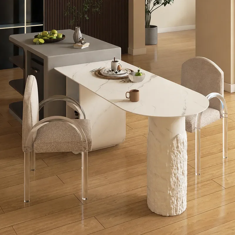 Semicircular Rock Slab Island Dining Table Integrated Household 2026 New Light Luxury Small Apartment Wabi Sandy Wind