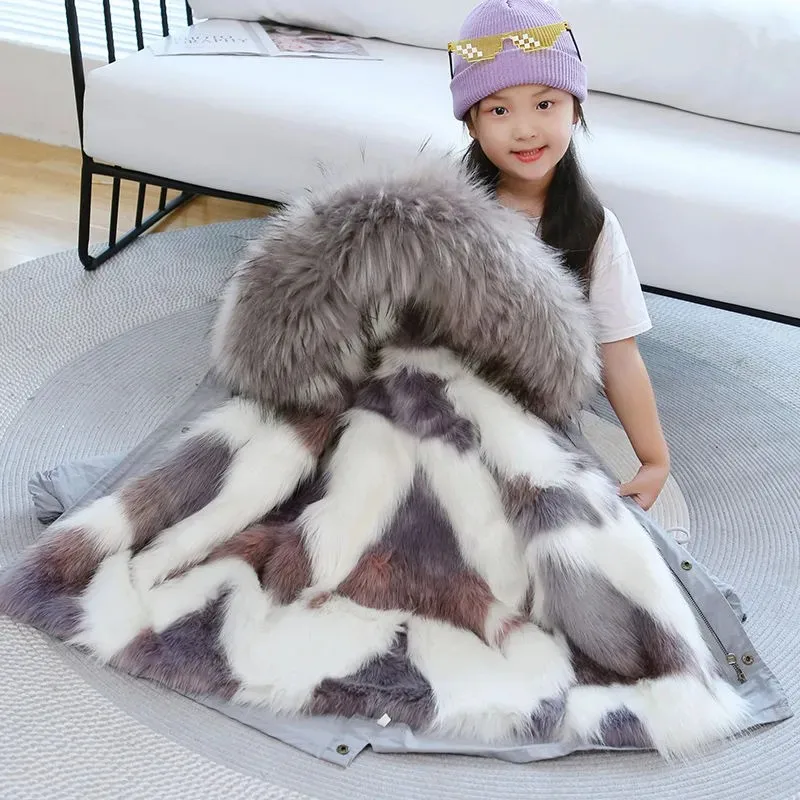 

Детское пальто из искусственного лисьего меха, модная зимняя одежда для мальчиков и девочек, Толстая теплая куртка с капюшоном, верхняя одежда, парка, комбинезон