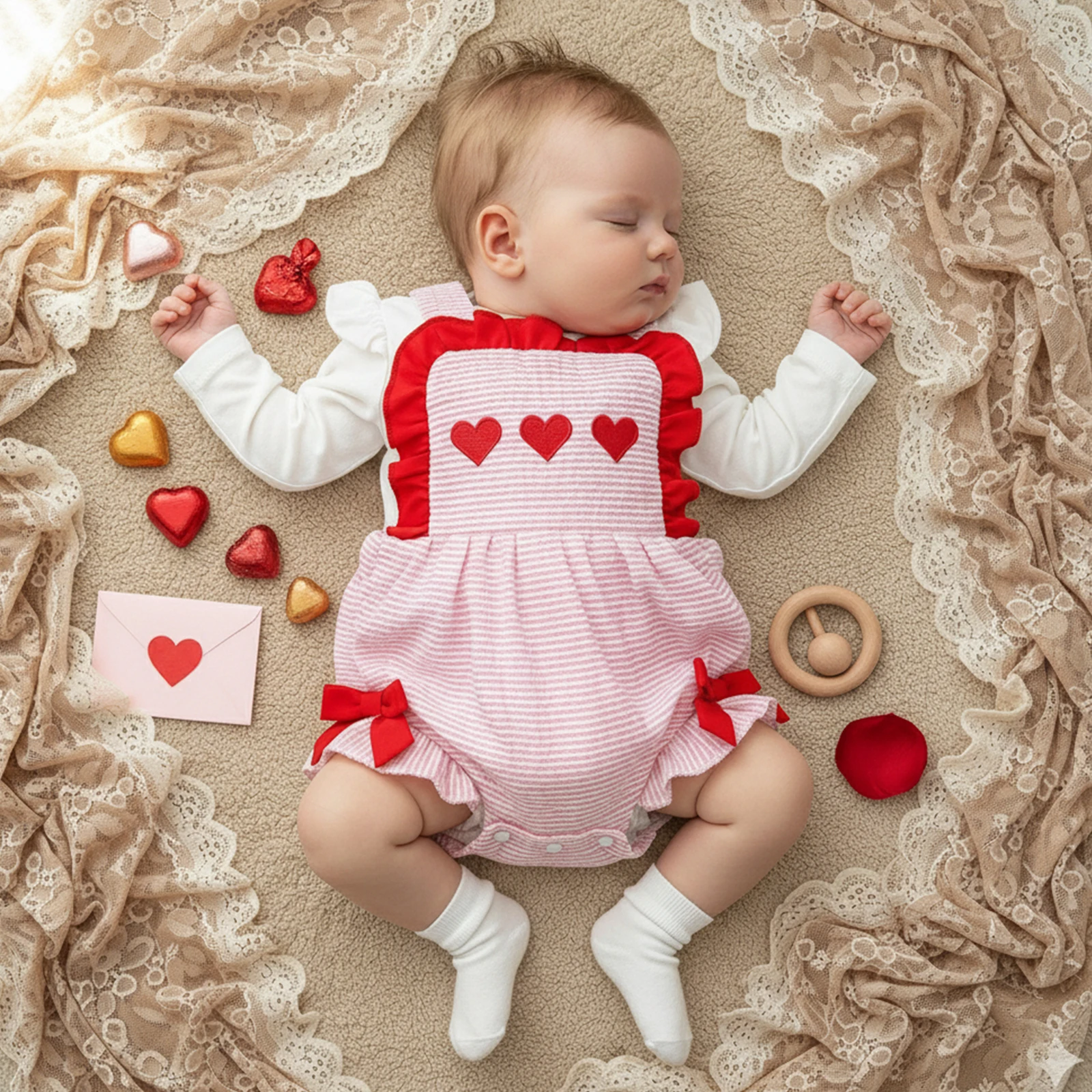 Newborn Baby Girl Valentine's Day Romper Loose Fit Heart Decorative Bows Striped Ruffled Trim Sleeveless Square Neck Jumpsuit