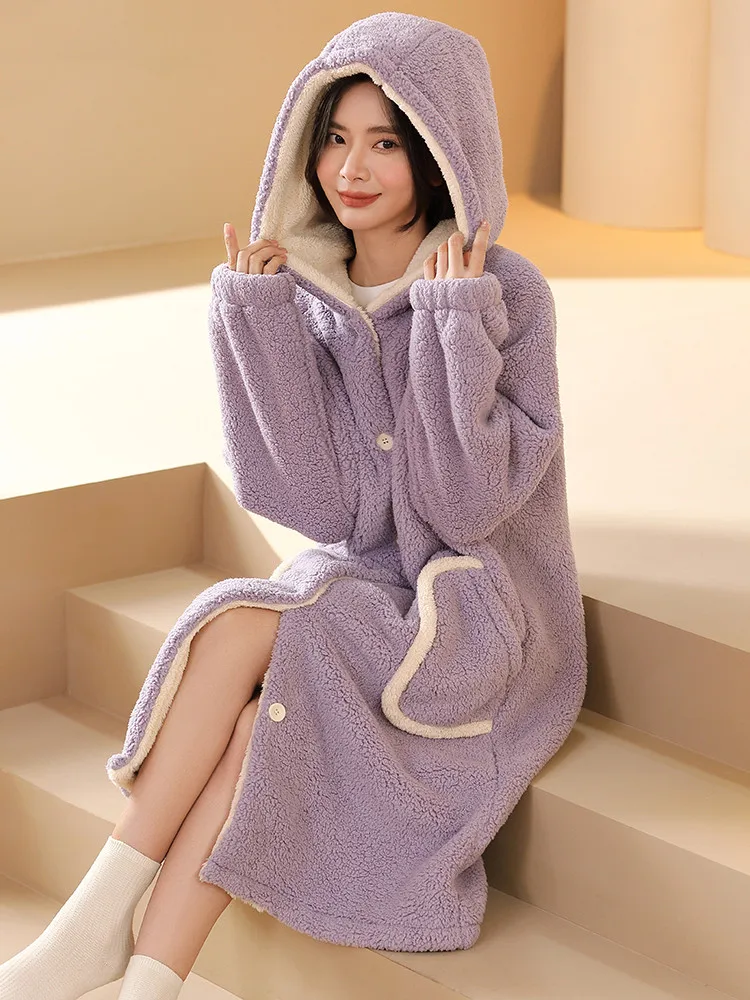 Solid Winter Kimono Home Robe Women\'s Pajamas Thickened Dressing Gown Warm Bathrobe Sleepwear Homewear Clothing Nightgown