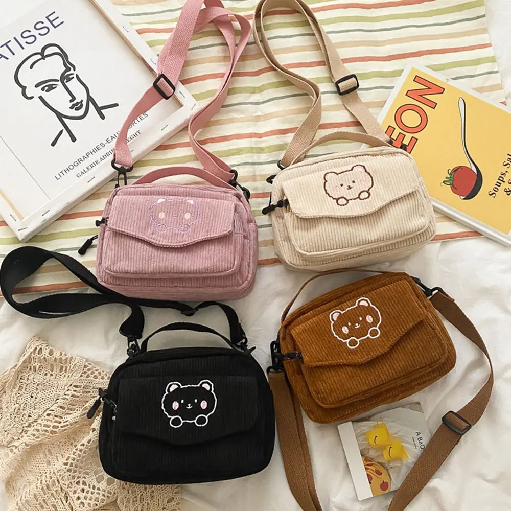 Women Corduroy Cartoon Bear Print Messenger Bag Handbags Student Totes Shoulder Bags