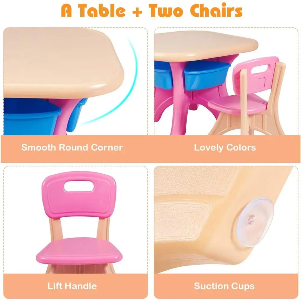3-Piece Pink Toddler Activity Table Set with Storage Bins and Chairs for Play and Learning