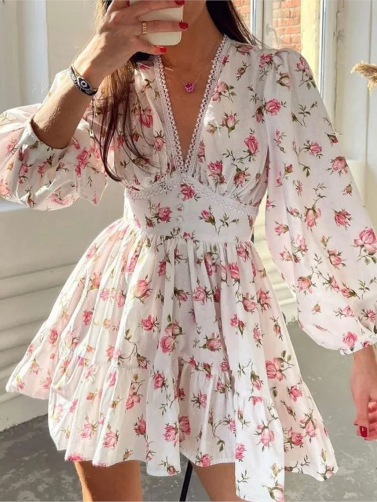 

Elegant Floral Print Dress Lady Fashion Lantern Sleeve Sexy V Neck High Waist Loose Mini Dresses For Women Holiday Party Clothes