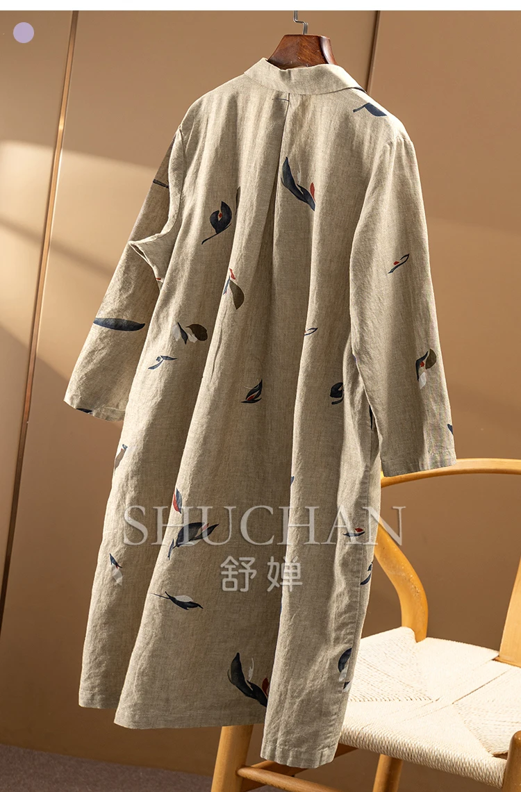 Literary and Leisure Fan, Early Autumn Linen Cotton Digital Printing Shirt Dress Women 02E2 Long Dresses for Women