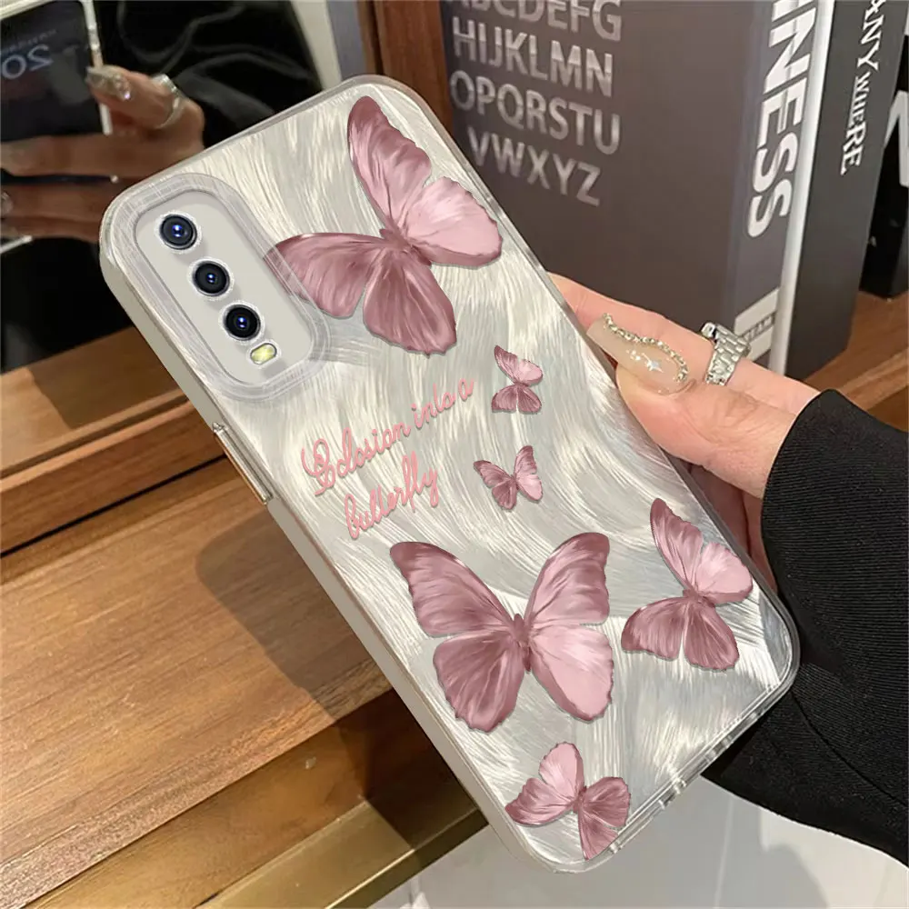 IMD Case For Vivo Y50 Y36 Y35 Y33 Y31 Y30 Y28 Y27 Y22 Y21 Y20 Pink Butterfly Pattern Feather Yarn Soft Phone Cover Fundas