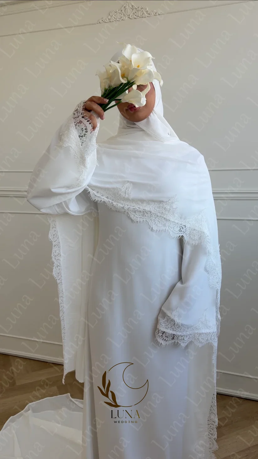 Luna Customized Long Sleeves Muslim Wedding Dresses with Lace Cape Sleeves Court Train Bridal Gown 2026 New Evening Gown