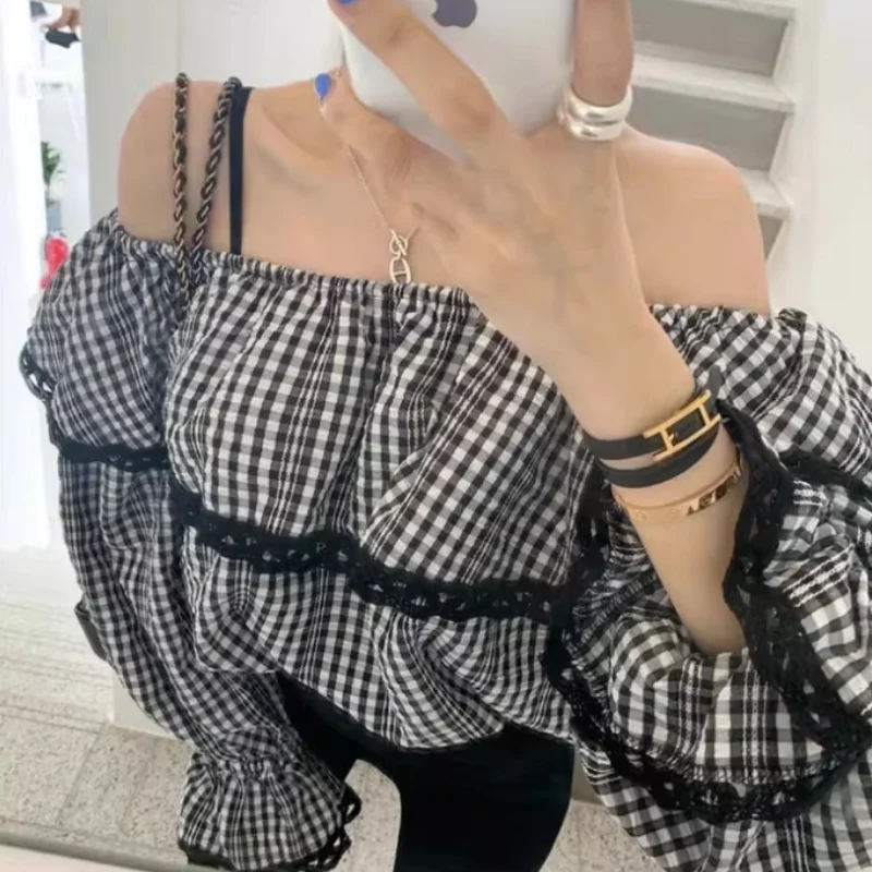 

Fre Vintage Plaid One-oulder Chiffon irt Women's Dongda Gate Straight Hem Le Bubble Sve Casual Loose Fit irt