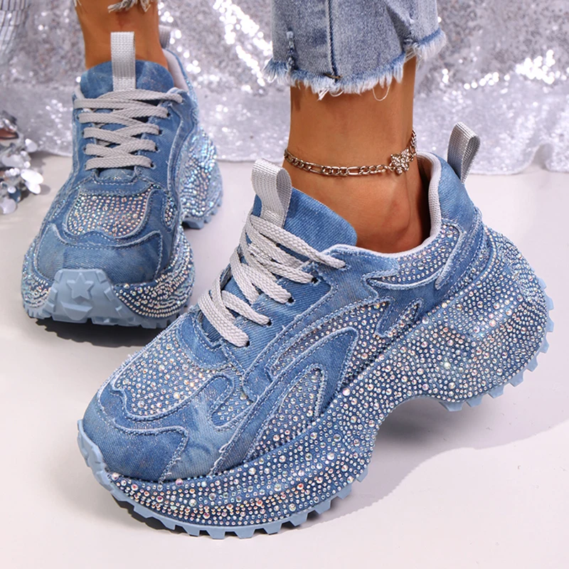 Zapatillas Deportivas de Plataforma con Decoración de Diamantes de Imitación de Lujo para Mujer, Color Azul Denim, Talla Grande 42, Suela Gruesa Antideslizante, Estilo Dad Shoes