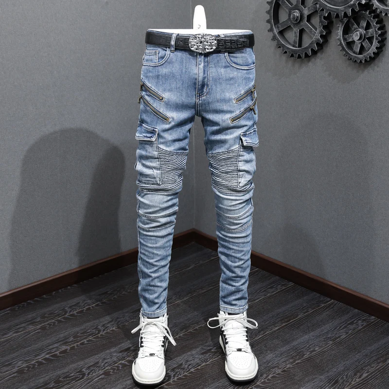 Y2K Designer Men's Blue Jeans with Zipper Decoration Stretch Slim Fit Nostalgic Wash Hip Hop Style Designer Fashion Brand Pants