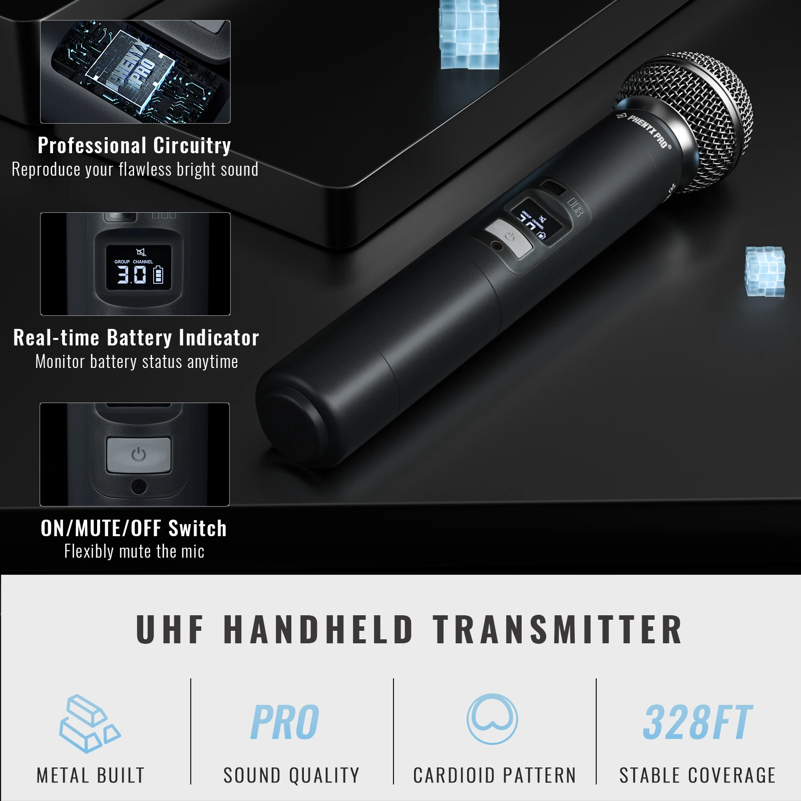 نظام ميكروفون لاسلكي مزدوج قابل للتعديل احترافي من Phenyx Pro UHF لعروض المسرح بناء معدني قوي 100 متر PTU71