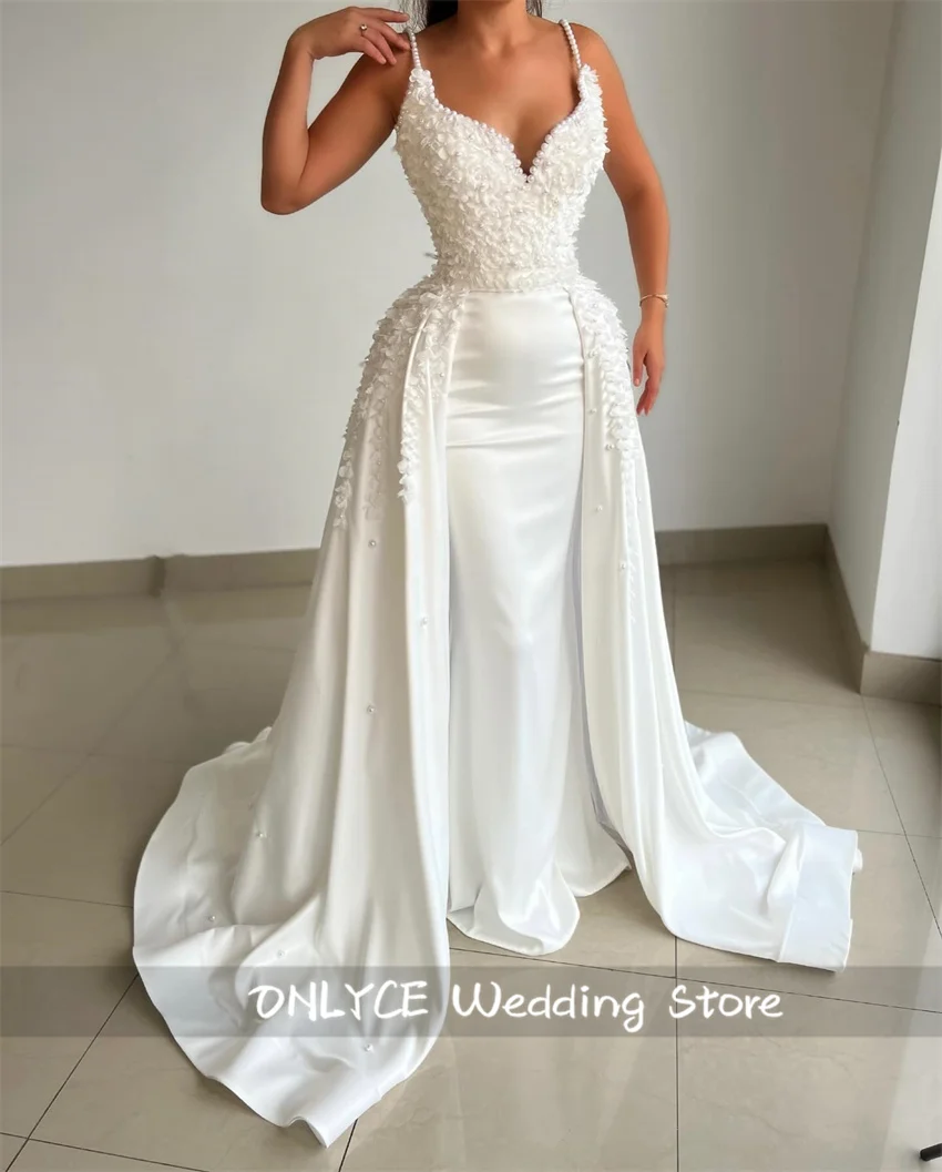 

Elegant Mermaid Wedding Gown 2024 Pearls Spaghetti Straps With Detachable Train Pearls Applique Evening Party Wear Vestidos