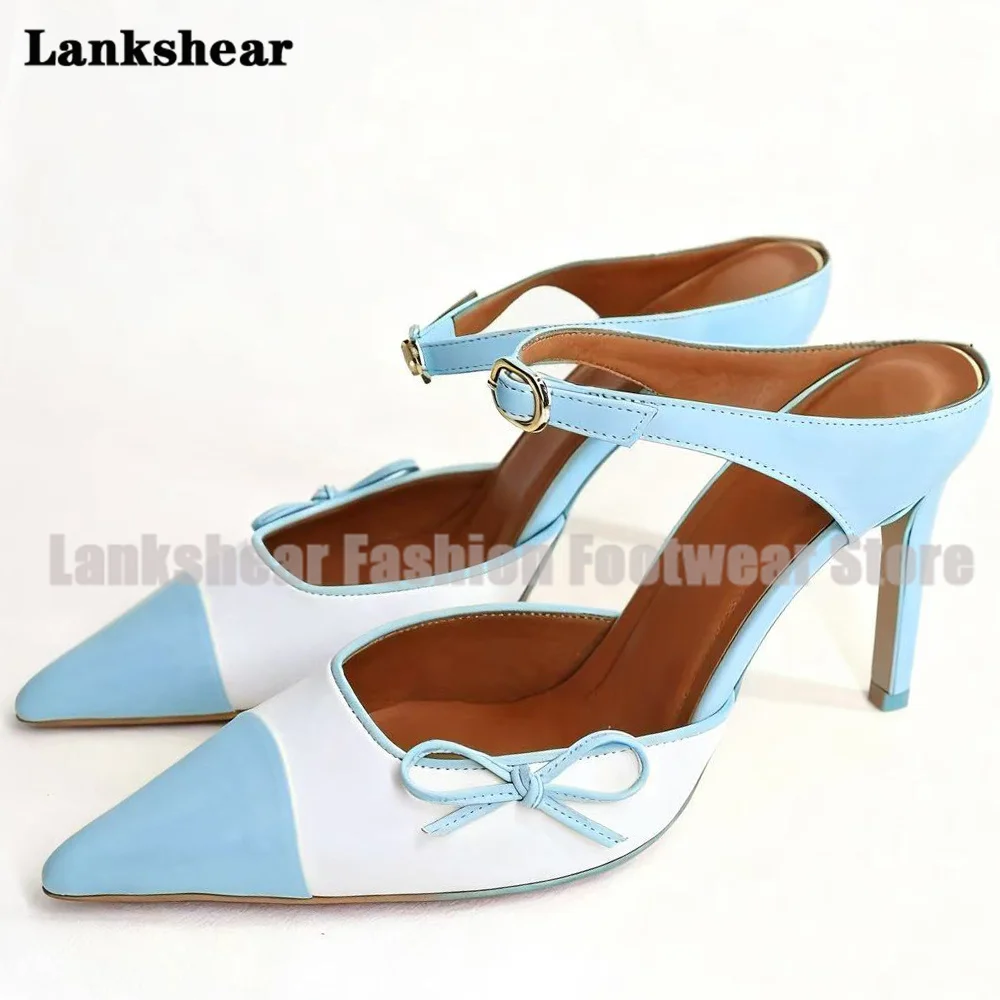 

Two Tone Pointed Toe Mules Slippers Bow Design Stiletto Heels Ankle Strap Sandals Women Shoes Summer Sandalias De Mujer Verano