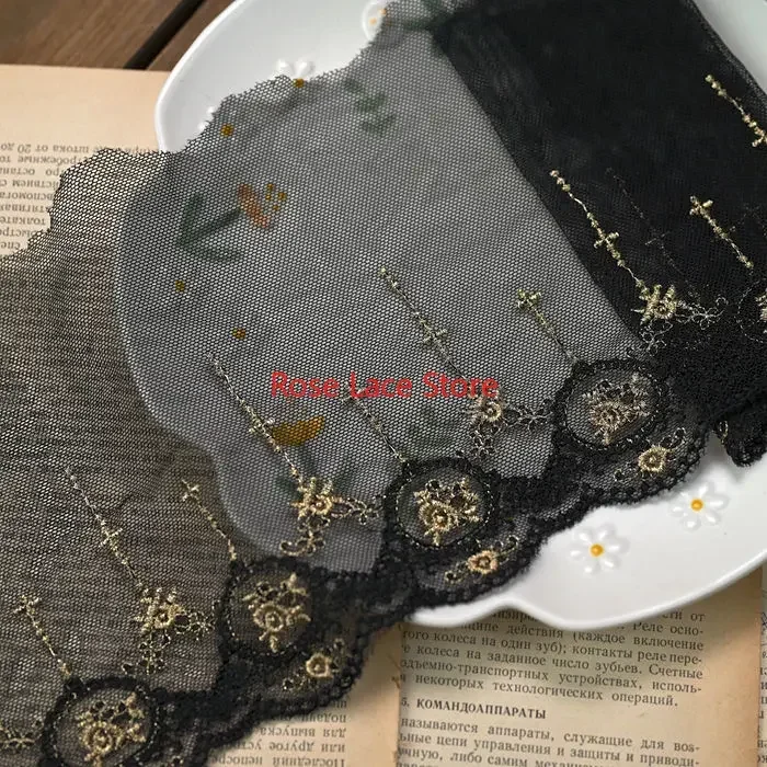 3 yards flower gold thread embroidery Lace Trim, floral white black tulle lace trim, For Doll Dress,Bridal Hairband Width 5.9‘’