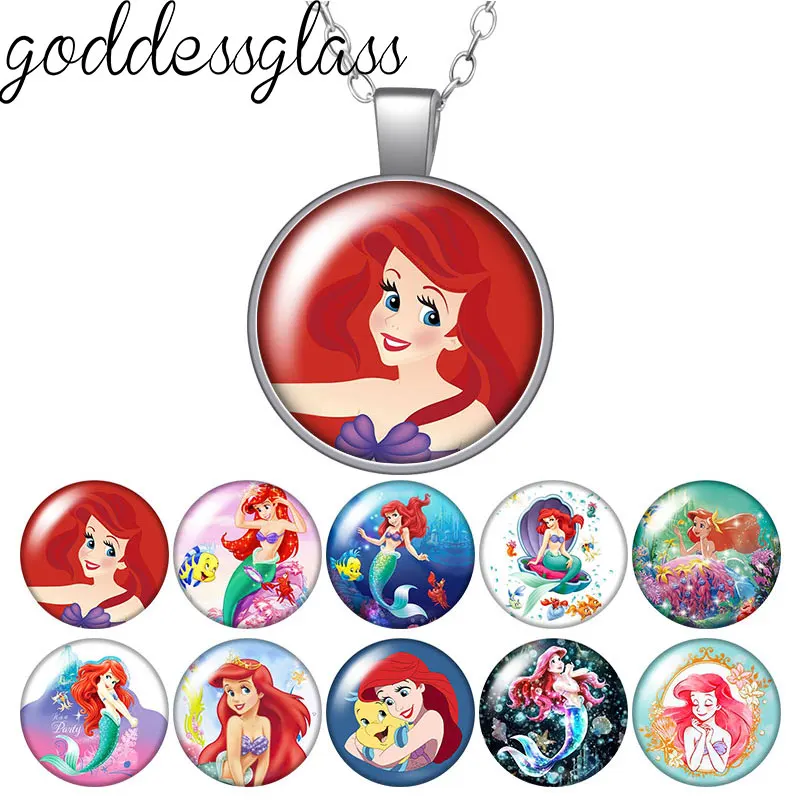 Disney The Little Mermaid Princess Ariel Round Photo Glass cabochon silver plated pendant necklace jewelry Gift