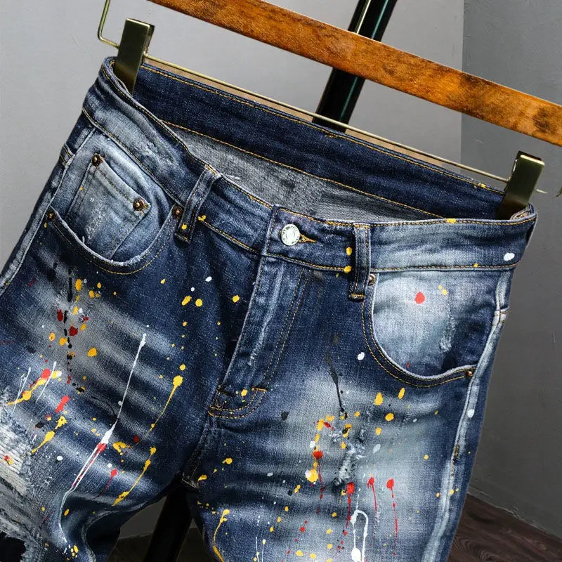 New High Quality Men's Clothing Casual Slim Pencil Pants Distressed Paint Patch Color Ink Graffiti Designer Long Jeans Trousers