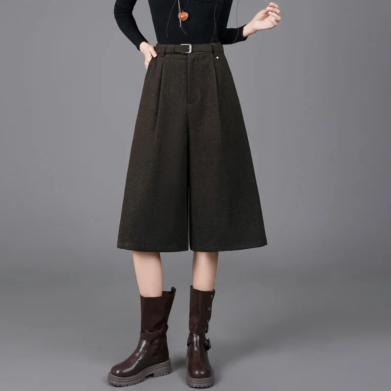 

Широкие брюки-кюлоты с высокой талией для женщин, из смесовой шерсти, длиной до щиколотки, осенне-зимние, новые, свободные, прямые