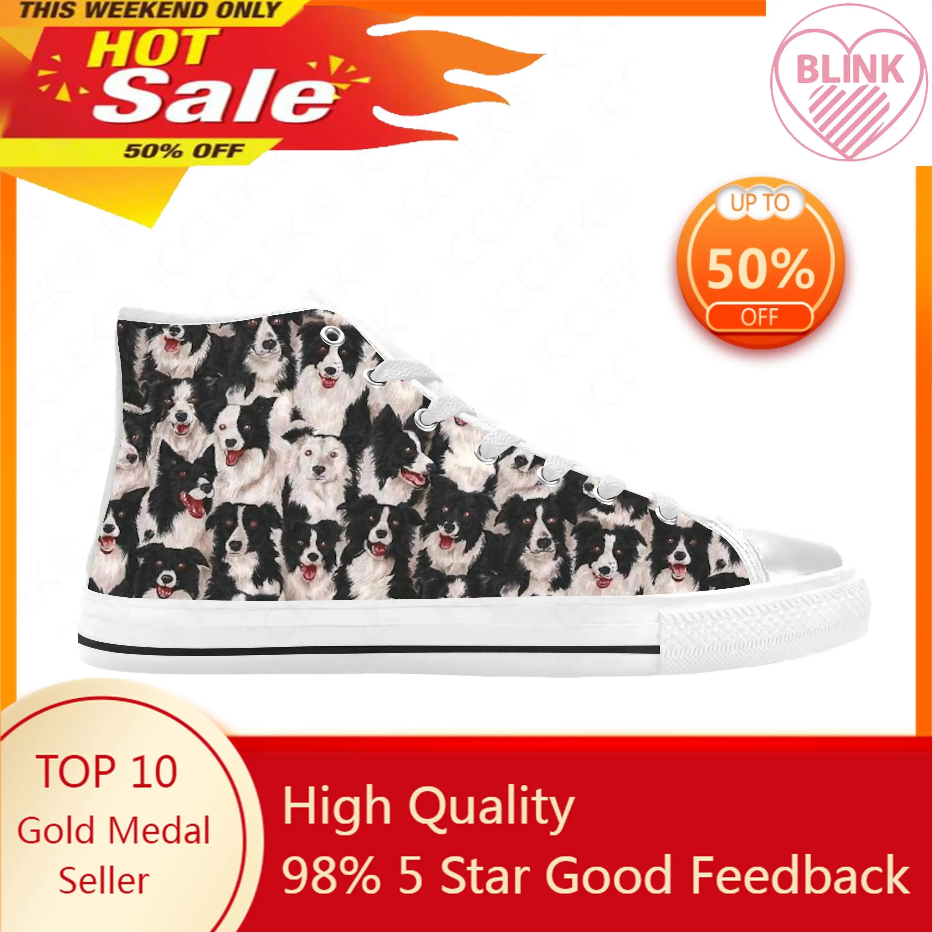 Border Collie Collies Hond Dier Patroon Cartoon Casual Doek Schoenen Hoge Top Comfortabele Ademende 3d Print Heren Dames Sneakers