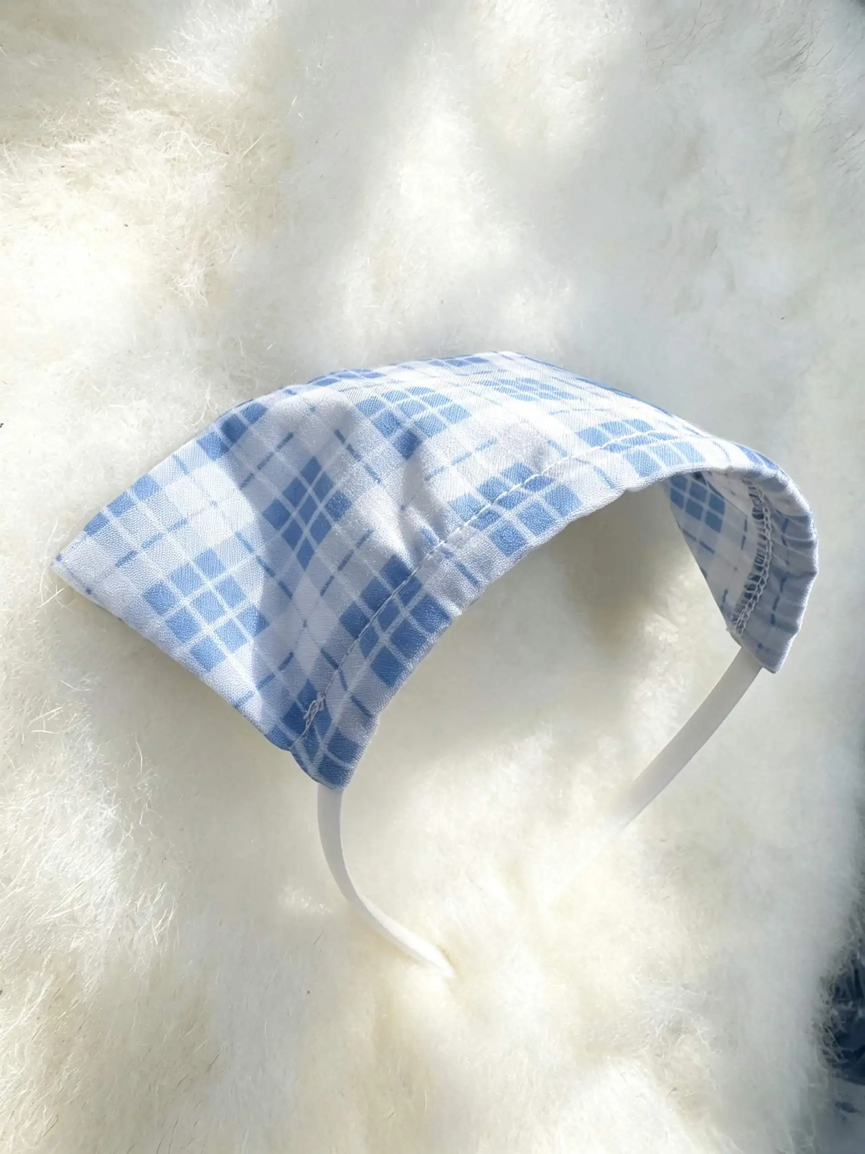 Women's Sexy Sweet Blue Plaid Maid Lace Trim Mini Dress with Headband for Role Play Lingerie Nightwear Party
