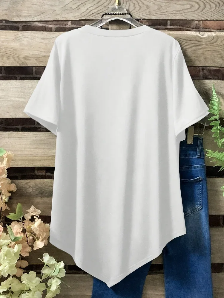 حجم كبير جديد الصيف المرأة بلون الجولة الرقبة القمم زر الديكور الإبداعية غير النظامية هيم الملابس قصيرة الأكمام تي شيرت #2