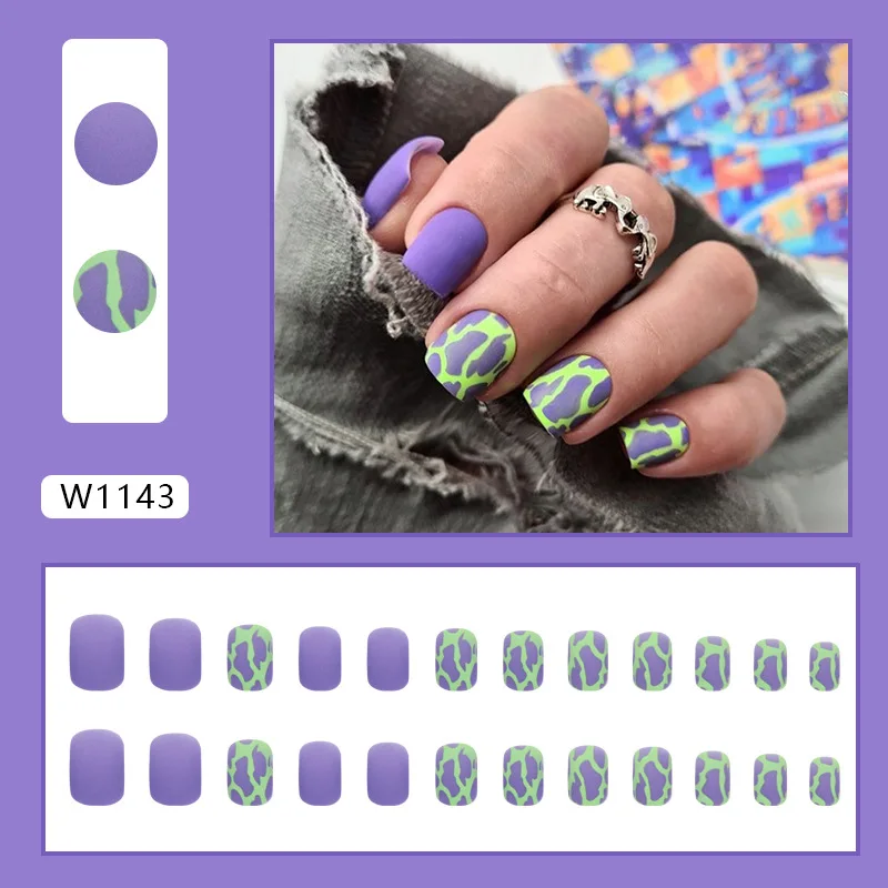 

24Pcs Short Ballerina Press on Nails - Matte Green & Purple Color Block | Ins Fashion Style for Women & Girls