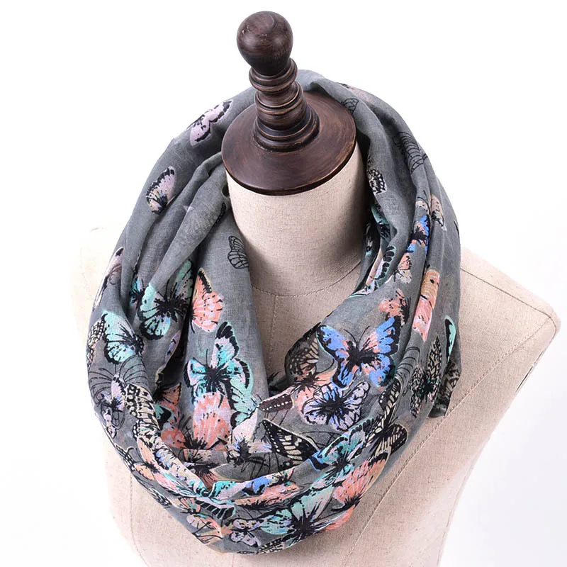 Fashion Women Butterfly Print Infinity Scarves Winter Warm Neckerchief Soft Voile Ring Scarf Loop Shawl Ladies Echarpe Foulard