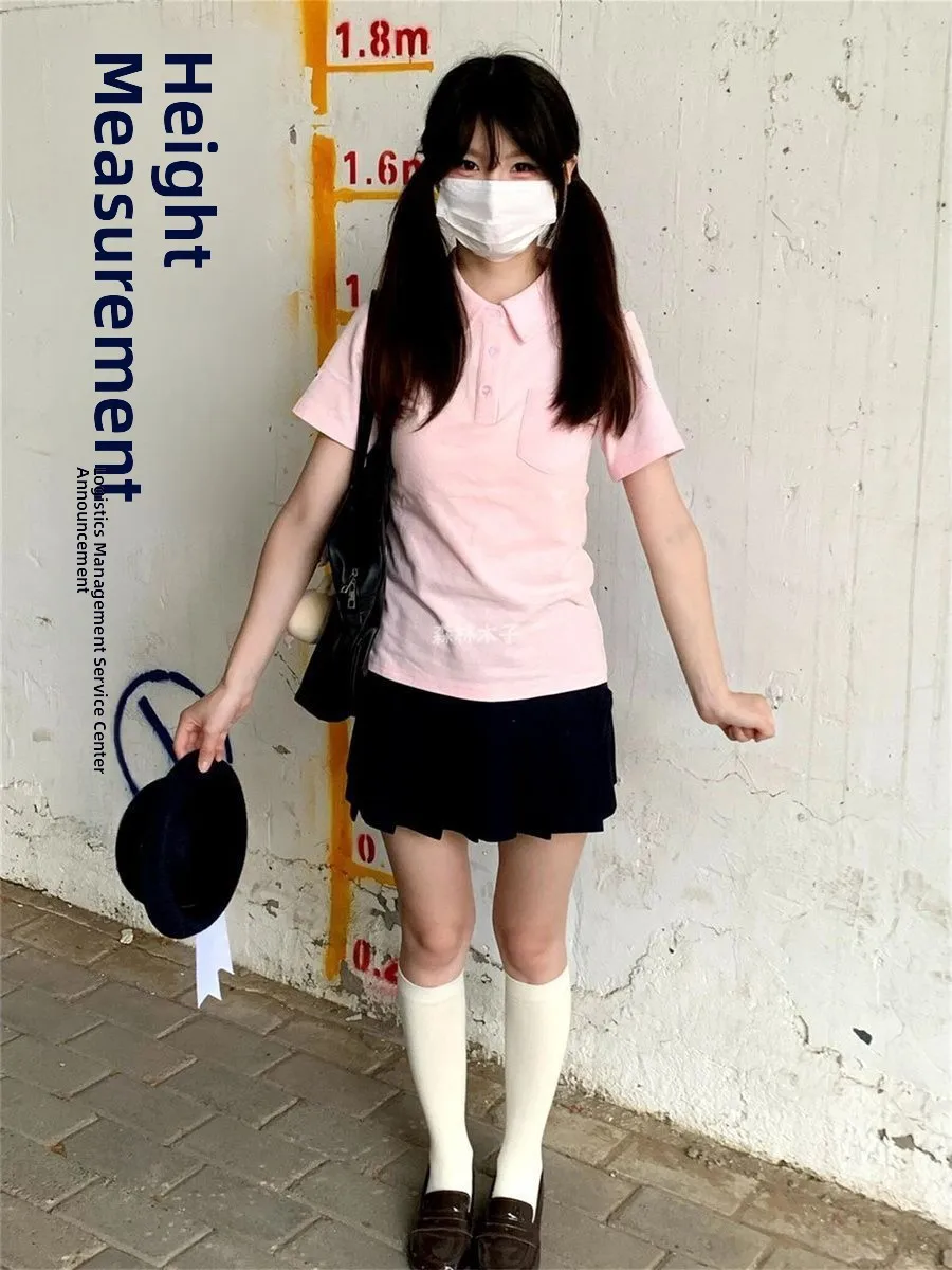 Slim Fit Casual Short Sleeve  Shirt T-Shirt Style Summer Outfit Set for Women with Short Skirt Japanese School Uniform Theme